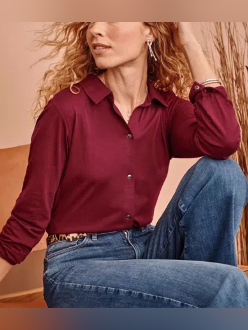 J.Jill Soft Knit Button Front Shirt Blouse Burgundy